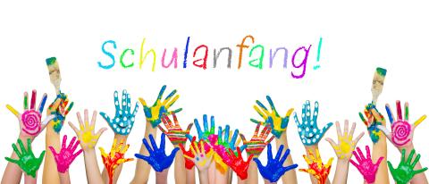 Colorful painted hands of children raised in celebration with the word "Schulanfang!" written in vibrant colors above, symbolizing the joy of starting school and creativity in a fun and chee- Stock Photo or Stock Video of rcfotostock | RC Photo Stock