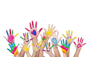 Colorful painted hands raised with creative designs, including hearts, suns, and smiley faces, showcasing playfulness, creativity, and fun on a bright white background : Stock Photo or Stock Video Download rcfotostock photos, images and assets rcfotostock | RC Photo Stock.: