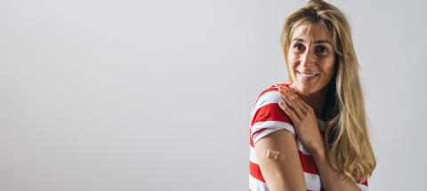Covid-19 Coronavirus Vaccinated happy European Woman Showing Arm With Plaster, copyspace for your individual text. : Stock Photo or Stock Video Download rcfotostock photos, images and assets rcfotostock | RC-Photo-Stock.:
