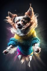 crazy chihuahua dog in colorful Sweater jumping against ink powder background (Generative AI)- Stock Photo or Stock Video of rcfotostock | RC Photo Stock