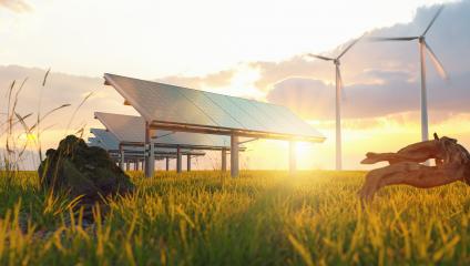Dawn of new renewable energy technologies. Modern efficient solar panels and a wind turbine system in warm sunset light : Stock Photo or Stock Video Download rcfotostock photos, images and assets rcfotostock | RC Photo Stock.: