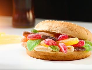 Delicious homemade Hamburger made of colorful gummy sweets : Stock Photo or Stock Video Download rcfotostock photos, images and assets rcfotostock | RC-Photo-Stock.: