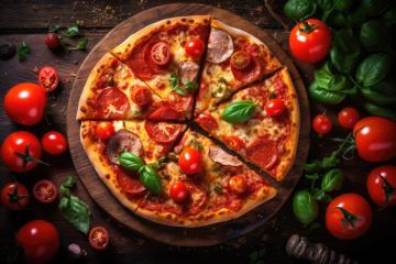 Delicious pizza with various toppings, tomatoes, and basil on a rustic wooden table : Stock Photo or Stock Video Download rcfotostock photos, images and assets rcfotostock | RC Photo Stock.: