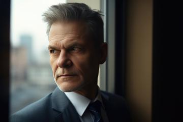 Determined mature man in suit gazing out a window, thoughtful- Stock Photo or Stock Video of rcfotostock | RC Photo Stock