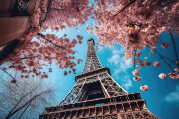 Eiffel Tower viewed from below, framed by vibrant cherry blossoms- Stock Photo or Stock Video of rcfotostock | RC Photo Stock