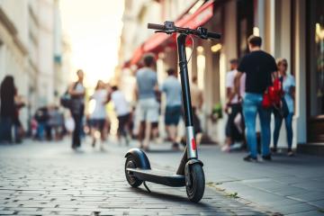 Electric scooter parked on a city street with walking people
 : Stock Photo or Stock Video Download rcfotostock photos, images and assets rcfotostock | RC Photo Stock.: