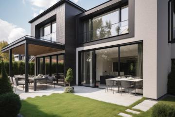 Elegant two-toned house with outdoor patio and modern furniture : Stock Photo or Stock Video Download rcfotostock photos, images and assets rcfotostock | RC Photo Stock.: