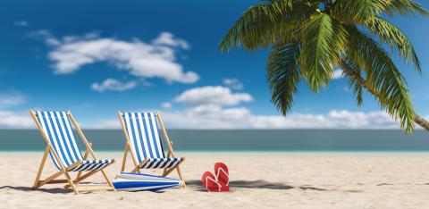 Empty beach chairs with flip-flop sandals next to a palm tree at the beach during a summer vacation in the Caribbean- Stock Photo or Stock Video of rcfotostock | RC Photo Stock