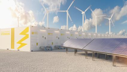 energy storage system. Renewable energy power plants - photovoltaics, wind turbine farm and battery containe. New Energy Concept image- Stock Photo or Stock Video of rcfotostock | RC Photo Stock