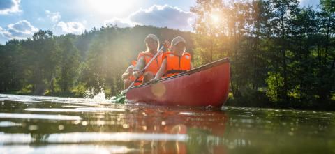 family paddling a red canoe on a river, bathed in sunlight with water splashing around and forest in the background. Family on kayak ride. Wild nature and water fun on summer vacation. : Stock Photo or Stock Video Download rcfotostock photos, images and assets rcfotostock | RC Photo Stock.: