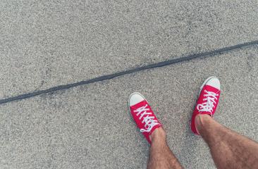 Feet From Above Concept, Teenage Person in Red Sneakers Standing on the street, Blank Copy Space in Front, Point of view shot- Stock Photo or Stock Video of rcfotostock | RC Photo Stock