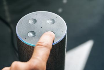 finger touching voice controlled smart speaker- Stock Photo or Stock Video of rcfotostock | RC Photo Stock
