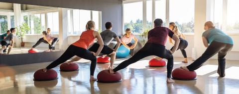 Fitness class participants doing side lunges on Bosu Balls in a sunny room : Stock Photo or Stock Video Download rcfotostock photos, images and assets rcfotostock | RC Photo Stock.: