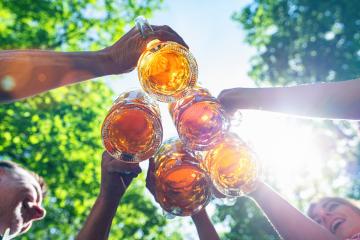 Five friends, men and women, having fun in beer garden clinking glasses with beer in a Beer garden, Munich, Germany- Stock Photo or Stock Video of rcfotostock | RC Photo Stock
