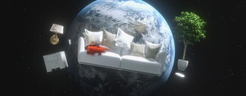Flying sofa and furniture in weightlessness in space with View of the planet Earth 3D rendering elements of this image furnished by NASA.- Stock Photo or Stock Video of rcfotostock | RC Photo Stock