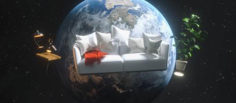 Flying sofa and furniture in weightlessness in space with View of the planet Earth 3D rendering elements of this image furnished by NASA.- Stock Photo or Stock Video of rcfotostock | RC Photo Stock