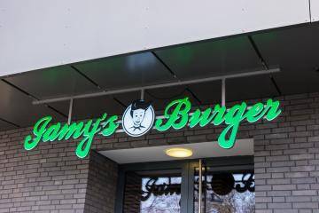 FRANKFURT, GERMANY MARCH, 2017: jamy's burger logo. jamy's burger is a modern Burger Restaurant founded 2013. - Stock Photo or Stock Video of rcfotostock | RC-Photo-Stock