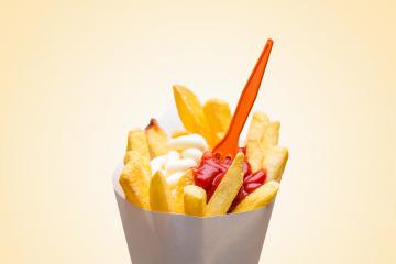 french fries red - white with fork- Stock Photo or Stock Video of rcfotostock | RC-Photo-Stock