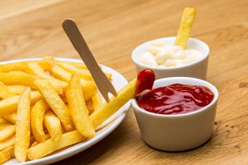 French fries with ketchup and mayonnaise and fork- Stock Photo or Stock Video of rcfotostock | RC Photo Stock