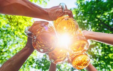Friends toasting and drinking beer at beer garden. Friendship life style and party at Oktoberfest, folk or beer festival, with bright sunlight- Stock Photo or Stock Video of rcfotostock | RC Photo Stock