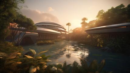 Futuristic buildings amid a lush tropical jungle at sunset- Stock Photo or Stock Video of rcfotostock | RC Photo Stock