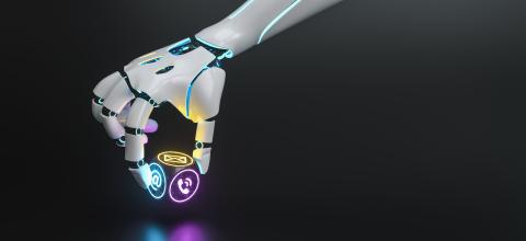 Futuristic cyborg robot hand holds contact communication or support Hotline cube - ai concept image- Stock Photo or Stock Video of rcfotostock | RC Photo Stock