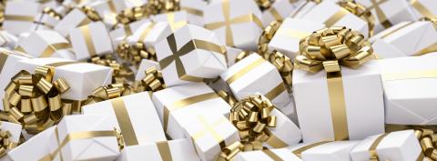 Gift background for Christmas with a bunch of gifts in gold and white- Stock Photo or Stock Video of rcfotostock | RC-Photo-Stock