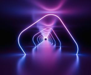 glowing lines, tunnel, neon lights, virtual reality, abstract background, square portal, arch, pink blue spectrum vibrant colors, laser show- Stock Photo or Stock Video of rcfotostock | RC Photo Stock