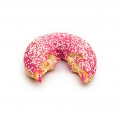 Half eaten pink doughnut with white sprinkles isolated on white- Stock Photo or Stock Video of rcfotostock | RC Photo Stock