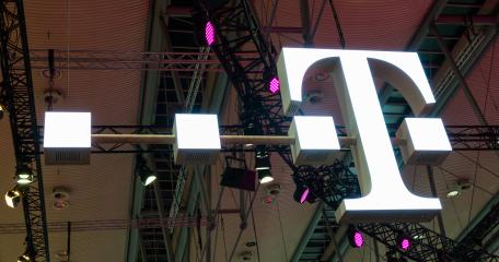 HANNOVER, GERMANY MARCH, 2017: The Logo of Deutsche Telekom on a Fair. There are around 750 so called 
