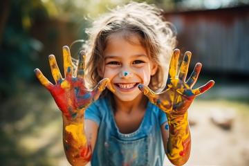 Happy child with paint-covered hands smiling
 : Stock Photo or Stock Video Download rcfotostock photos, images and assets rcfotostock | RC Photo Stock.: