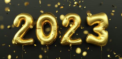 Happy New 2023 Year. 2023 golden foil balloons and falling confetti on black background. Gold helium balloon numbers. Festive poster or banner concept image : Stock Photo or Stock Video Download rcfotostock photos, images and assets rcfotostock | RC Photo Stock.: