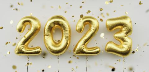 Happy New 2023 Year. 2023 golden foil balloons and falling confetti on white background. Gold helium balloon numbers. Festive poster or banner concept image : Stock Photo or Stock Video Download rcfotostock photos, images and assets rcfotostock | RC Photo Stock.: