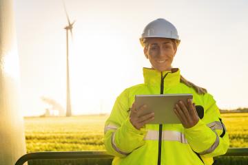 Happy Windmill engineer inspection and progress check wind turbine at sunset : Stock Photo or Stock Video Download rcfotostock photos, images and assets rcfotostock | RC Photo Stock.: