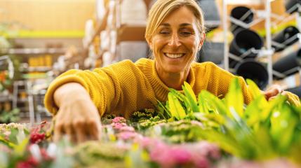 Happy woman in a bright yellow sweater is closely examining and choosing plants in an indoor garden center, surrounded by lush greenery. Shopping in a greenhouse concept image : Stock Photo or Stock Video Download rcfotostock photos, images and assets rcfotostock | RC Photo Stock.: