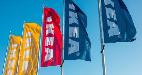 HEERLEN, NETHERLANDS FEBRUARY, 2017: IKEA flags against sky at the IKEA Store. IKEA is the world's largest furniture retailer and sells ready to assemble furniture. Founded in Sweden in 1943.- Stock Photo or Stock Video of rcfotostock | RC Photo Stock