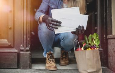 home delivery service in times of covid 19 and virus of food and mail and pacts with gloves and ffp2 mask  : Stock Photo or Stock Video Download rcfotostock photos, images and assets rcfotostock | RC Photo Stock.: