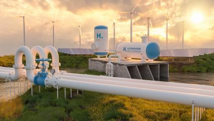 Hydrogen gas pipeline renewable energy production - hydrogen power for clean electricity solar and windturbine facility at sunset Concept image- Stock Photo or Stock Video of rcfotostock | RC Photo Stock