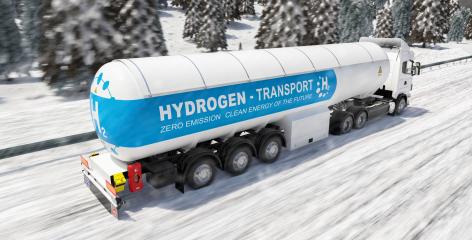 hydrogen truck on the snowy winter road driving. h2 combustion Truck engine for emission free ecofriendly gas transportation.- Stock Photo or Stock Video of rcfotostock | RC Photo Stock