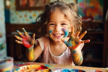 Joyful child with colorful painted hands
 : Stock Photo or Stock Video Download rcfotostock photos, images and assets rcfotostock | RC Photo Stock.: