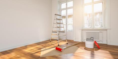 Ladder and red paint for renovation from a painter in apartment at a old building - Stock Photo or Stock Video of rcfotostock | RC Photo Stock