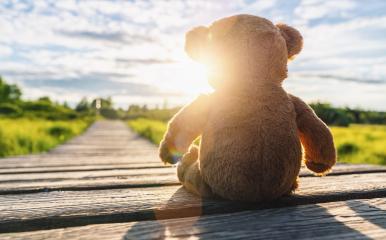lonley Teddy bear sitting on a Wooden path at sunset. copyspace for your individual text.- Stock Photo or Stock Video of rcfotostock | RC-Photo-Stock