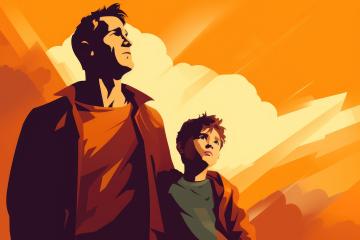Man and child looking up against an orange sky with clouds : Stock Photo or Stock Video Download rcfotostock photos, images and assets rcfotostock | RC Photo Stock.: