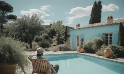 Man relaxing poolside at a Mediterranean blue villa- Stock Photo or Stock Video of rcfotostock | RC Photo Stock