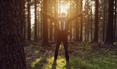 Man Traveler relaxing alone in the forest at sunset with hands raised - Lifestyle concept image- Stock Photo or Stock Video of rcfotostock | RC Photo Stock