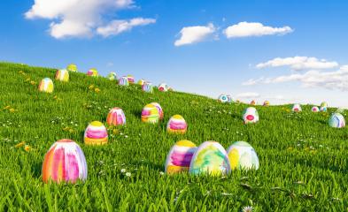 Many colorful easter eggs hunt on a green meadow - Stock Photo or Stock Video of rcfotostock | RC-Photo-Stock