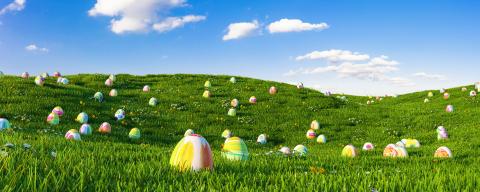 Many colorful easter eggs hunt on a green meadow - Stock Photo or Stock Video of rcfotostock | RC Photo Stock