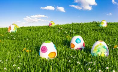 Many colorful easter eggs in the grass of a meadow for easter- Stock Photo or Stock Video of rcfotostock | RC Photo Stock