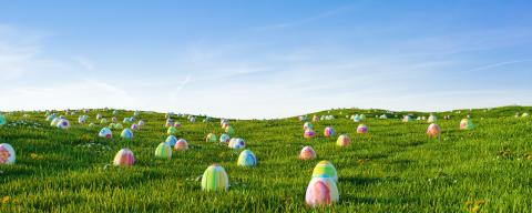 Many colorful easter eggs in the grass of a meadow for easter, including Copy Space- Stock Photo or Stock Video of rcfotostock | RC-Photo-Stock
