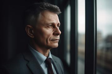 Mature man in suit gazing out a window in contemplation- Stock Photo or Stock Video of rcfotostock | RC Photo Stock